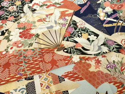 平和屋着物●豪華振袖　駒刺繍　扇面飛鶴花文　金銀彩　ロング丈　正絹　逸品　AABL2115ck