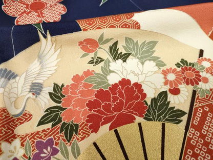 平和屋着物●豪華振袖　駒刺繍　扇面飛鶴花文　金銀彩　ロング丈　正絹　逸品　AABL2115ck
