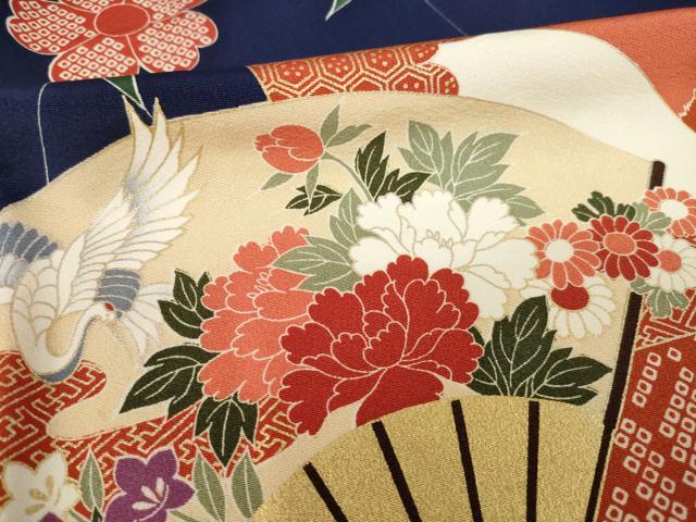 平和屋着物●豪華振袖　駒刺繍　扇面飛鶴花文　金銀彩　ロング丈　正絹　逸品　AABL2115ck