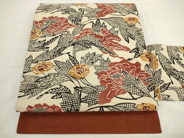 平和屋着物●九寸名古屋帯　紬地　型染め　草花文　正絹　逸品　AABL2125pf