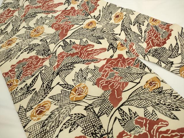 平和屋着物●九寸名古屋帯　紬地　型染め　草花文　正絹　逸品　AABL2125pf