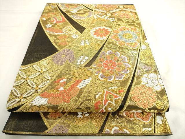 平和屋着物●六通柄袋帯　唐織　几帳花鳥文　黒地　金糸　正絹　逸品　AABL2126pf