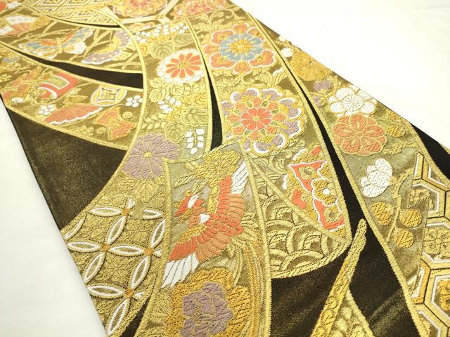 平和屋着物●六通柄袋帯　唐織　几帳花鳥文　黒地　金糸　正絹　逸品　AABL2126pf