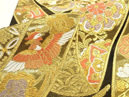 平和屋着物●六通柄袋帯　唐織　几帳花鳥文　黒地　金糸　正絹　逸品　AABL2126pf