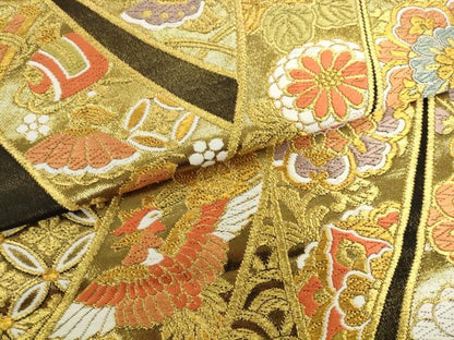 平和屋着物●六通柄袋帯　唐織　几帳花鳥文　黒地　金糸　正絹　逸品　AABL2126pf