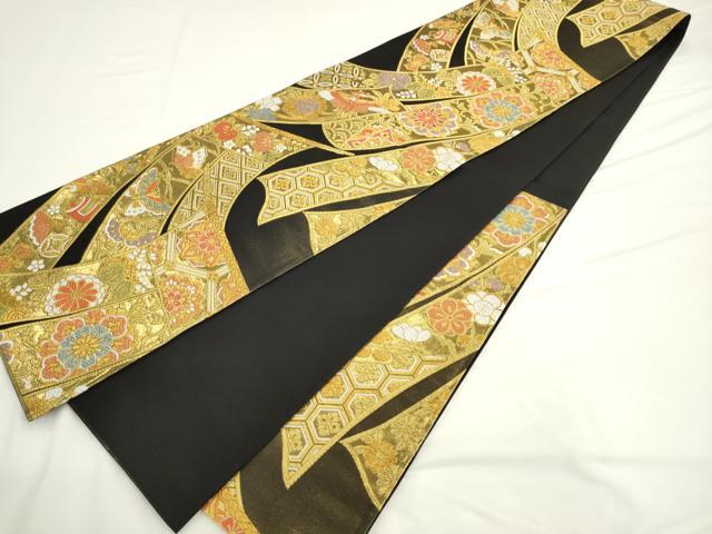平和屋着物●六通柄袋帯　唐織　几帳花鳥文　黒地　金糸　正絹　逸品　AABL2126pf