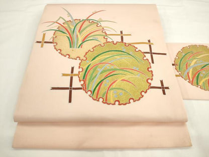 平和屋着物●塩瀬　九寸名古屋帯　雪輪重ね露芝文　金彩　正絹　逸品　AABL2127pf