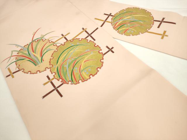 平和屋着物●塩瀬　九寸名古屋帯　雪輪重ね露芝文　金彩　正絹　逸品　AABL2127pf
