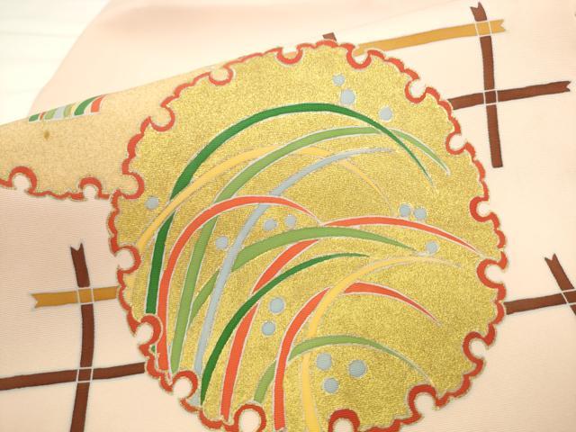 平和屋着物●塩瀬　九寸名古屋帯　雪輪重ね露芝文　金彩　正絹　逸品　AABL2127pf