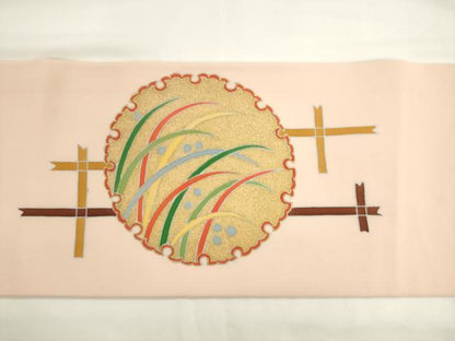 平和屋着物●塩瀬　九寸名古屋帯　雪輪重ね露芝文　金彩　正絹　逸品　AABL2127pf