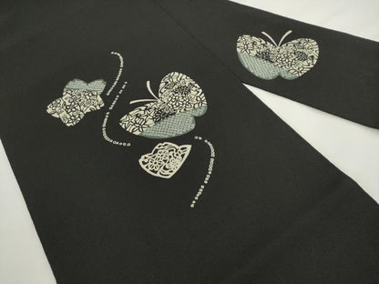平和屋着物●九寸名古屋帯　型染め　桜　林檎　黒地　鬼しぼ縮緬　正絹　逸品　AABL2141pf