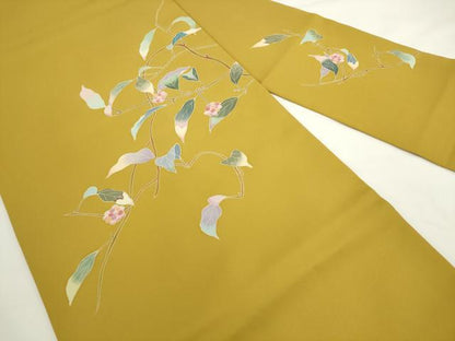 平和屋着物●塩瀬　九寸名古屋帯　友禅　作家物　枝花文　黄金色　正絹　逸品　AABL2145pf