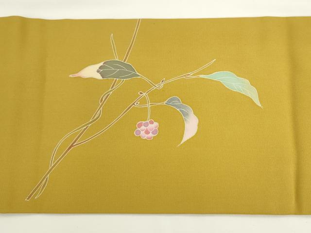 平和屋着物●塩瀬　九寸名古屋帯　友禅　作家物　枝花文　黄金色　正絹　逸品　AABL2145pf