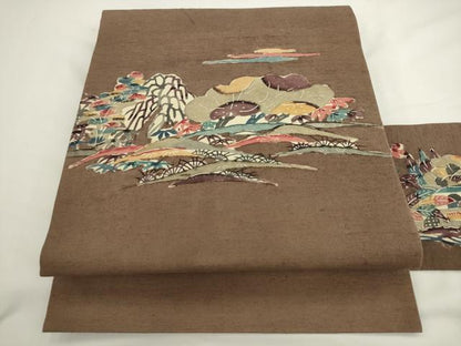 平和屋着物●九寸名古屋帯　紬地　紅型　風景文　正絹　逸品　AABL2148pf
