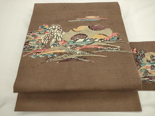 平和屋着物●九寸名古屋帯　紬地　紅型　風景文　正絹　逸品　AABL2148pf
