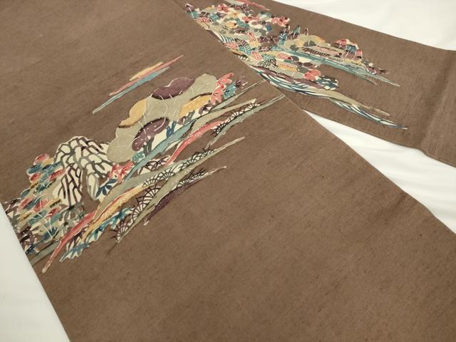 平和屋着物●九寸名古屋帯　紬地　紅型　風景文　正絹　逸品　AABL2148pf