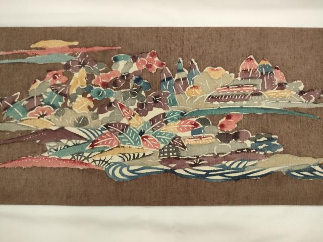 平和屋着物●九寸名古屋帯　紬地　紅型　風景文　正絹　逸品　AABL2148pf