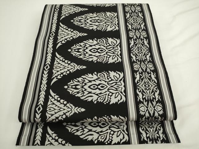 平和屋着物●本場筑前博多織　八寸名古屋帯　洋花間道　黒地　三越扱い　正絹　逸品　AABL2150pf