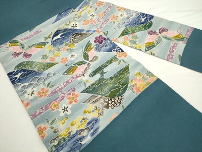 平和屋着物●九寸名古屋帯　型染め　風景花蝶文　正絹　逸品　AABL2151pf