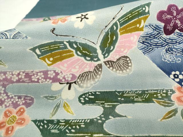 平和屋着物●九寸名古屋帯　型染め　風景花蝶文　正絹　逸品　AABL2151pf