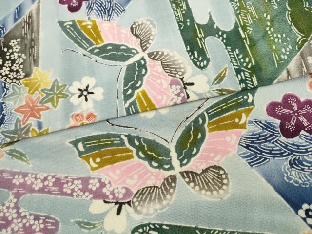 平和屋着物●九寸名古屋帯　型染め　風景花蝶文　正絹　逸品　AABL2151pf