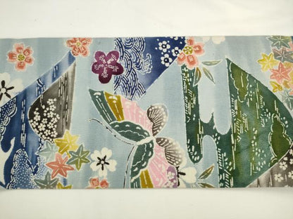 平和屋着物●九寸名古屋帯　型染め　風景花蝶文　正絹　逸品　AABL2151pf