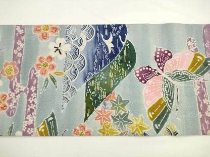 平和屋着物●九寸名古屋帯　型染め　風景花蝶文　正絹　逸品　AABL2151pf