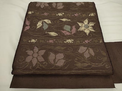 平和屋着物●九寸名古屋帯　紬地　草花文　正絹　逸品　AABL2160pf