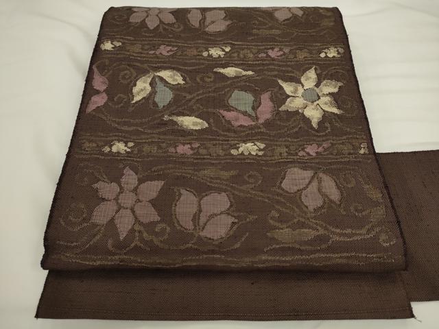 平和屋着物●九寸名古屋帯　紬地　草花文　正絹　逸品　AABL2160pf