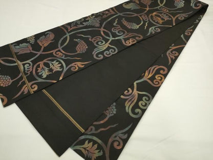 平和屋着物●織物一筋名門　織悦　全通柄　本袋帯　葡萄蔦の葉文　黒地　正絹　逸品　AABL2163pf