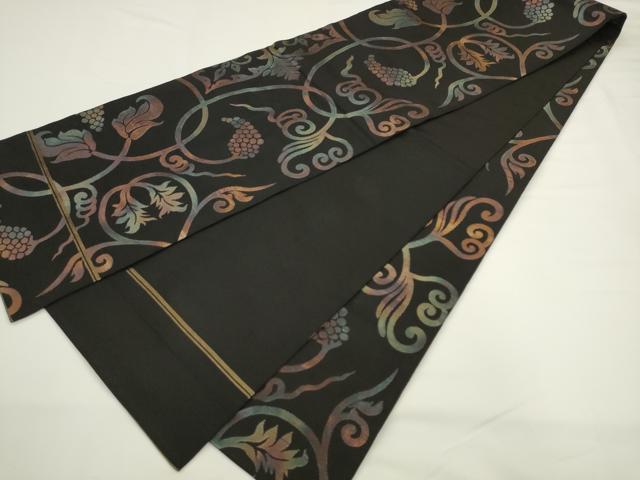 平和屋着物●織物一筋名門　織悦　全通柄　本袋帯　葡萄蔦の葉文　黒地　正絹　逸品　AABL2163pf