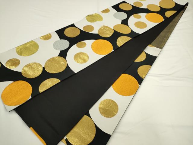 平和屋着物●六通柄袋帯　丸文　黒地　金銀糸　正絹　逸品　AABL2167pf