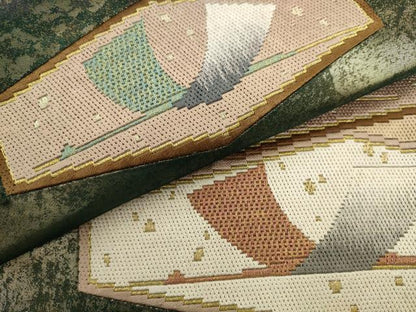 平和屋着物●太鼓柄袋帯　絽刺し　区限刺繍　飛鶴文　金糸　引箔　正絹　逸品　AABL2172pf
