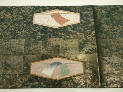 平和屋着物●太鼓柄袋帯　絽刺し　区限刺繍　飛鶴文　金糸　引箔　正絹　逸品　AABL2172pf