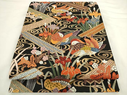 平和屋着物●六通柄袋帯　唐織　流水花鳥文　黒地　金糸　正絹　逸品　AABL2176pf