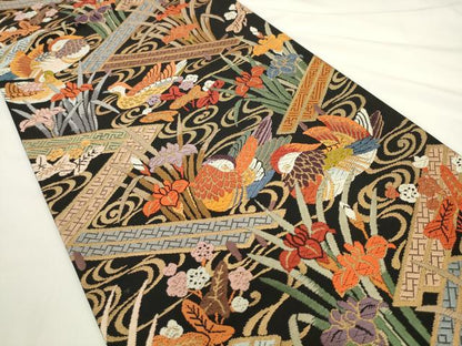 平和屋着物●六通柄袋帯　唐織　流水花鳥文　黒地　金糸　正絹　逸品　AABL2176pf