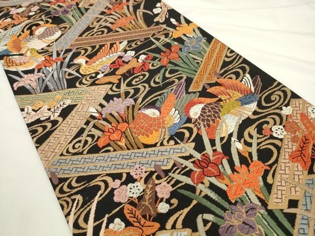 平和屋着物●六通柄袋帯　唐織　流水花鳥文　黒地　金糸　正絹　逸品　AABL2176pf