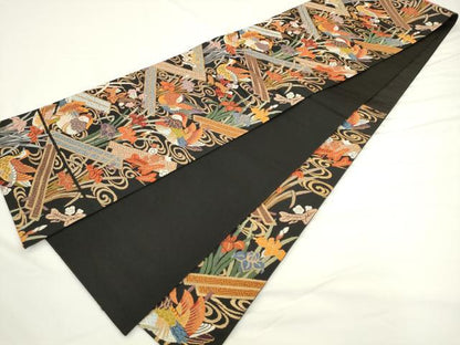 平和屋着物●六通柄袋帯　唐織　流水花鳥文　黒地　金糸　正絹　逸品　AABL2176pf