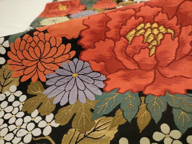 平和屋着物●六通柄袋帯　唐織　草花文　黒地　金糸　正絹　逸品　AABL2187pf