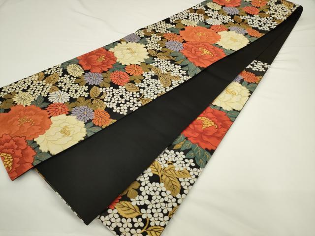平和屋着物○六通柄袋帯 唐織 草花文 黒地 金糸 正絹 逸品 AABL2187pf
