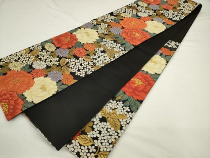 平和屋着物●六通柄袋帯　唐織　草花文　黒地　金糸　正絹　逸品　AABL2187pf