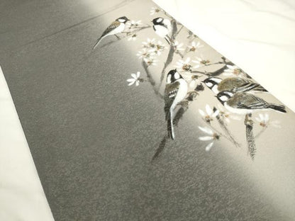 平和屋着物●太鼓柄袋帯　手描き　花鳥文　銀通し地　正絹　逸品　AABL2188pf