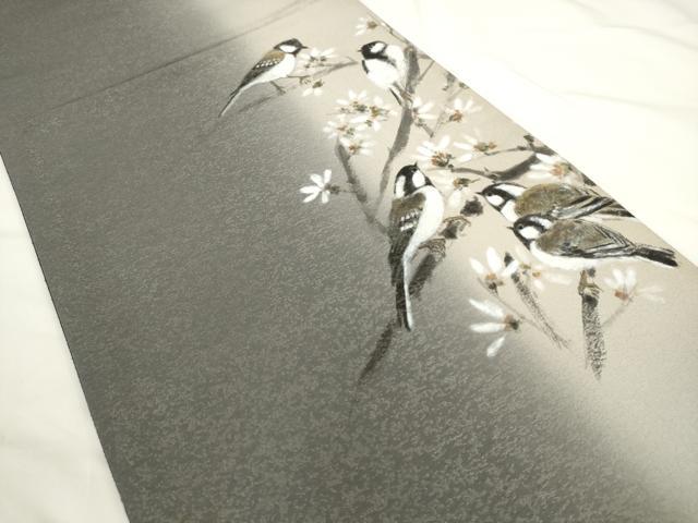 平和屋着物●太鼓柄袋帯　手描き　花鳥文　銀通し地　正絹　逸品　AABL2188pf