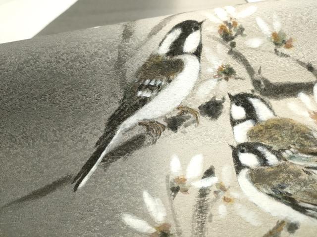 平和屋着物●太鼓柄袋帯　手描き　花鳥文　銀通し地　正絹　逸品　AABL2188pf