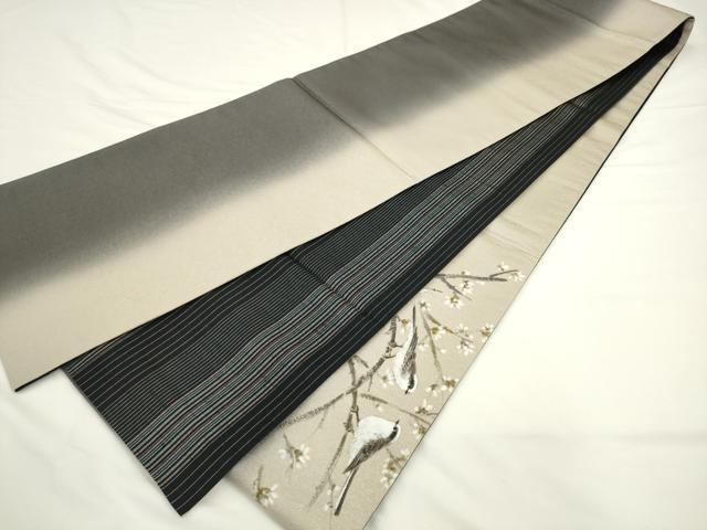 平和屋着物●太鼓柄袋帯　手描き　花鳥文　銀通し地　正絹　逸品　AABL2188pf