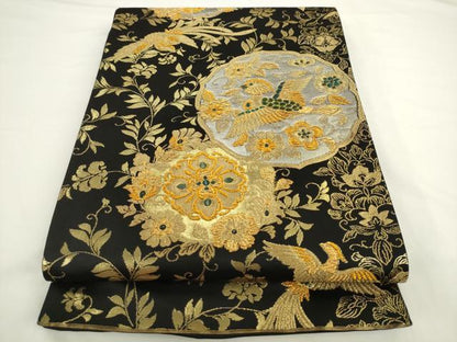 平和屋着物●六通柄袋帯　花鳥文　黒地　金糸　正絹　逸品　AABL2189pf