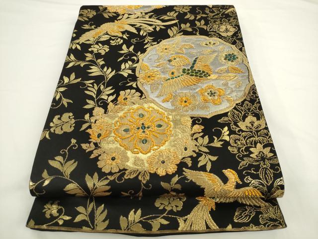 平和屋着物●六通柄袋帯　花鳥文　黒地　金糸　正絹　逸品　AABL2189pf