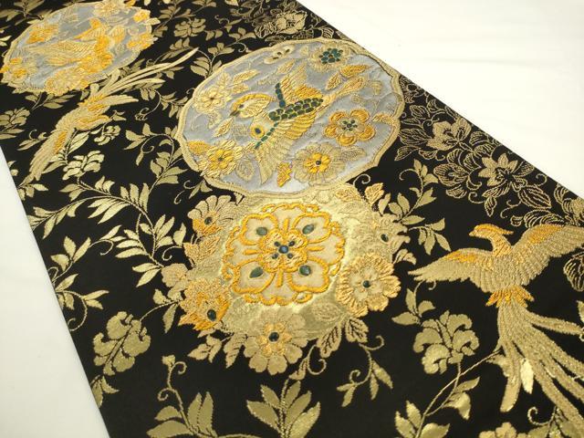 平和屋着物●六通柄袋帯　花鳥文　黒地　金糸　正絹　逸品　AABL2189pf