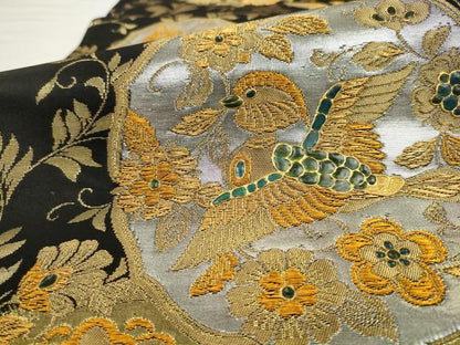 平和屋着物●六通柄袋帯　花鳥文　黒地　金糸　正絹　逸品　AABL2189pf