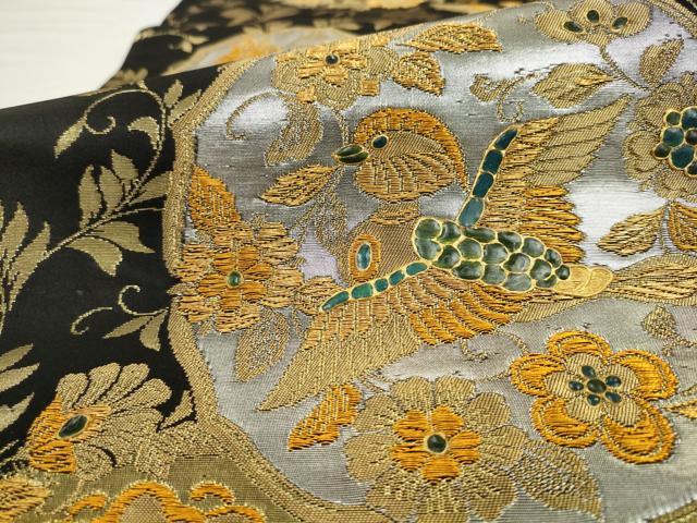 平和屋着物●六通柄袋帯　花鳥文　黒地　金糸　正絹　逸品　AABL2189pf